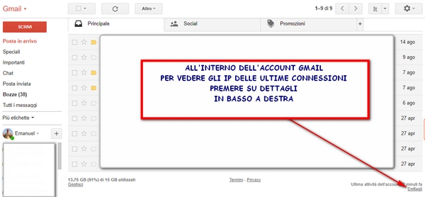 gmail ultimi accessi ip ad un account