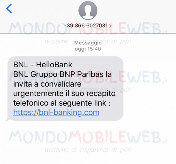 Rischio phishing con un SMS apparentemente notificato dall’istituto bancario BNL