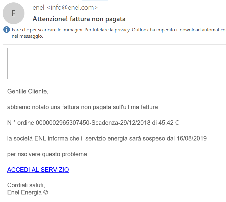 Attenzione alle finte fatture ENEL : non cliccate sul link !