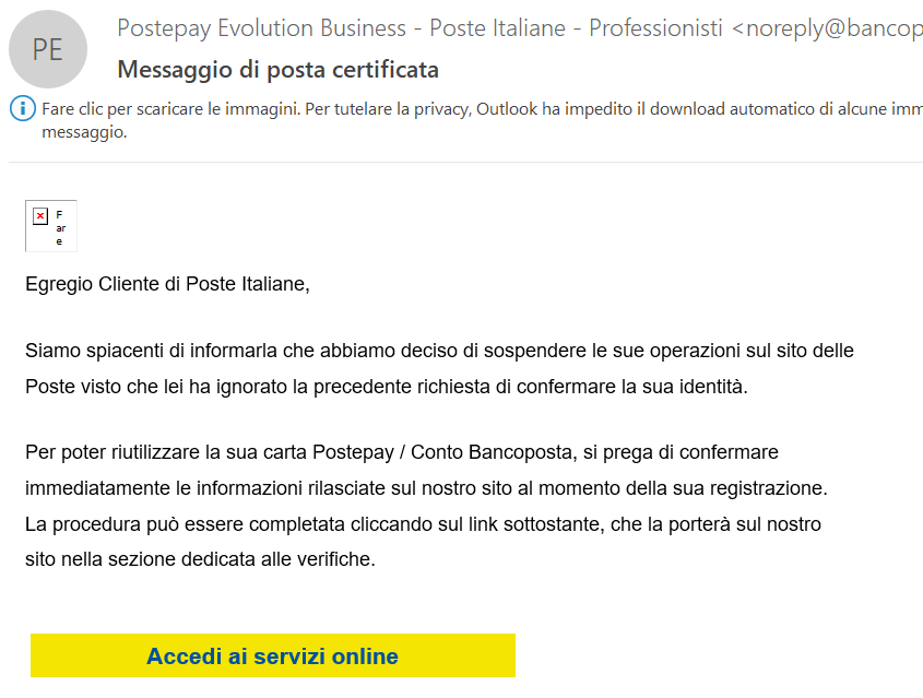 FINTO MESSAGGIO DI POSTA CERTIFICATA PER POSTEPAY EVOLUTION