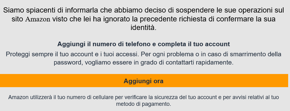 Finto messaggio AMAZON : Il tuo account Amazon è incompleto