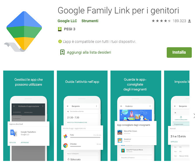 Google Family Link APP “Google Family Link” permette ai Genitori di tenere sotto controllo i Figli fino a 13 anni