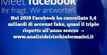 Nel 2019 Facebook ha cancellato 5,4 miliardi di account fake, quasi il triplo rispetto all’anno scorso