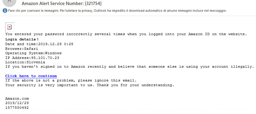 Attenzione alle finte email di AMAZON con richiesta ALERT SERVICE NUMBER : sono una frode !