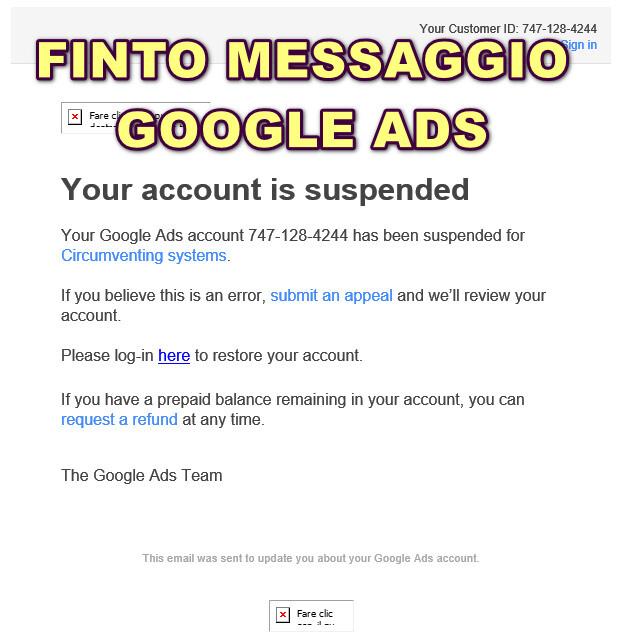 finto messaggio google ads Finta Email di Google Adwords “Your Google Ads account has been suspended” : attenzione al phishing sempre in agguato