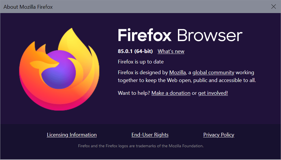firefox-85.0.1 Firefox 85.0.1 risolve un problema di sicurezza critico e bug