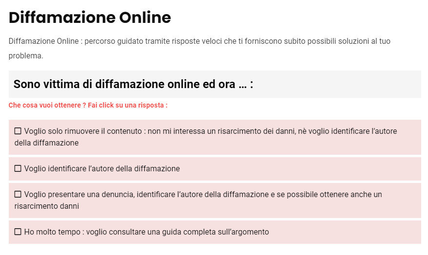 Diffamazione Online : percorso guidato INTERATTIVO tramite risposte veloci che ti forniscono subito possibili soluzioni al tuo problema