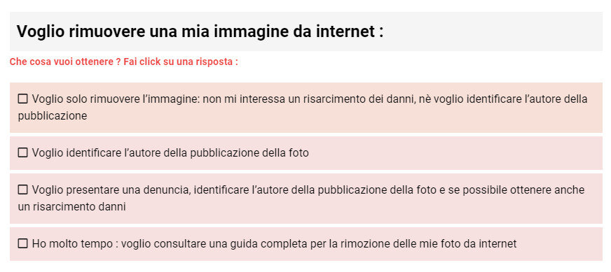 Rimozione foto personale da internet : percorso guidato INTERATTIVO tramite risposte veloci che ti forniscono subito possibili soluzioni al tuo problema