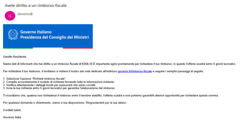 Avete diritto a un rimborso fiscale : FINTA EMAIL DA PARTE DEL GOVERNO