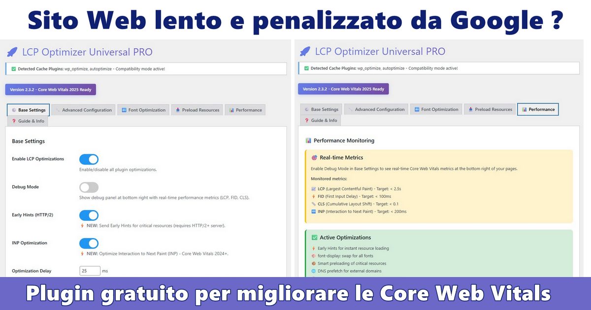 Sito Web lento e penalizzato da Google ? Prova gratuitamente il Plugin Lcp Optimizer Universal Pro